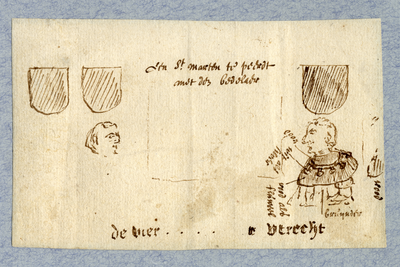 39511 Schets van drie gearceerde familiewapens en twee hoofden, waarvan een als borstbeeld, en de aanduiding van de ...